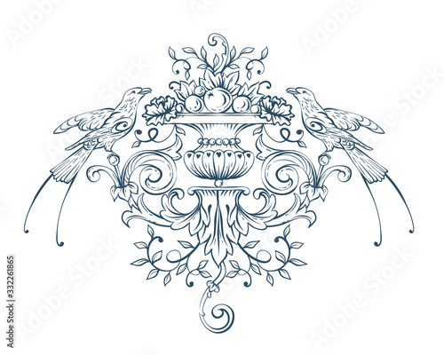Floral decorative vector elements with birds, rococo and baroque style