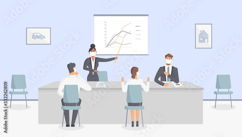 The office of the Bank or insurance company during epidemic of virus: employees in protective medical masks sit at table at business meeting. Working moments of summing up and decision-making.Vector