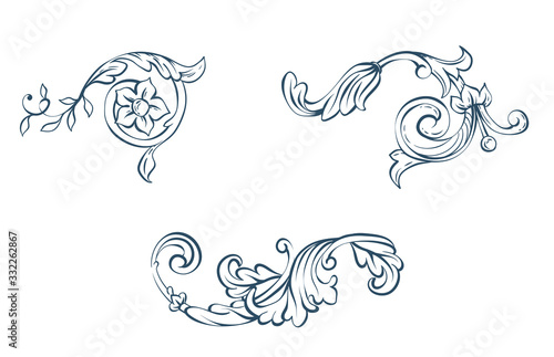 Floral decorative vector elements, rococo and baroque style