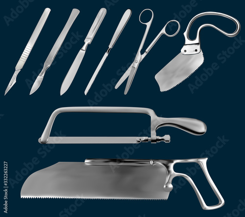 Set of surgical cutting tools. Reusable scalpels, Liston amputation knife , metacarpal saw, straight scissors, saw sheet Satterlee, Bergman saw for plaster bandage,Charriere Bone Saw. Vector photo