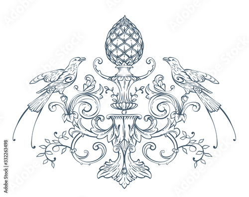 Floral decorative vector elements with birds and cone, rococo and baroque style