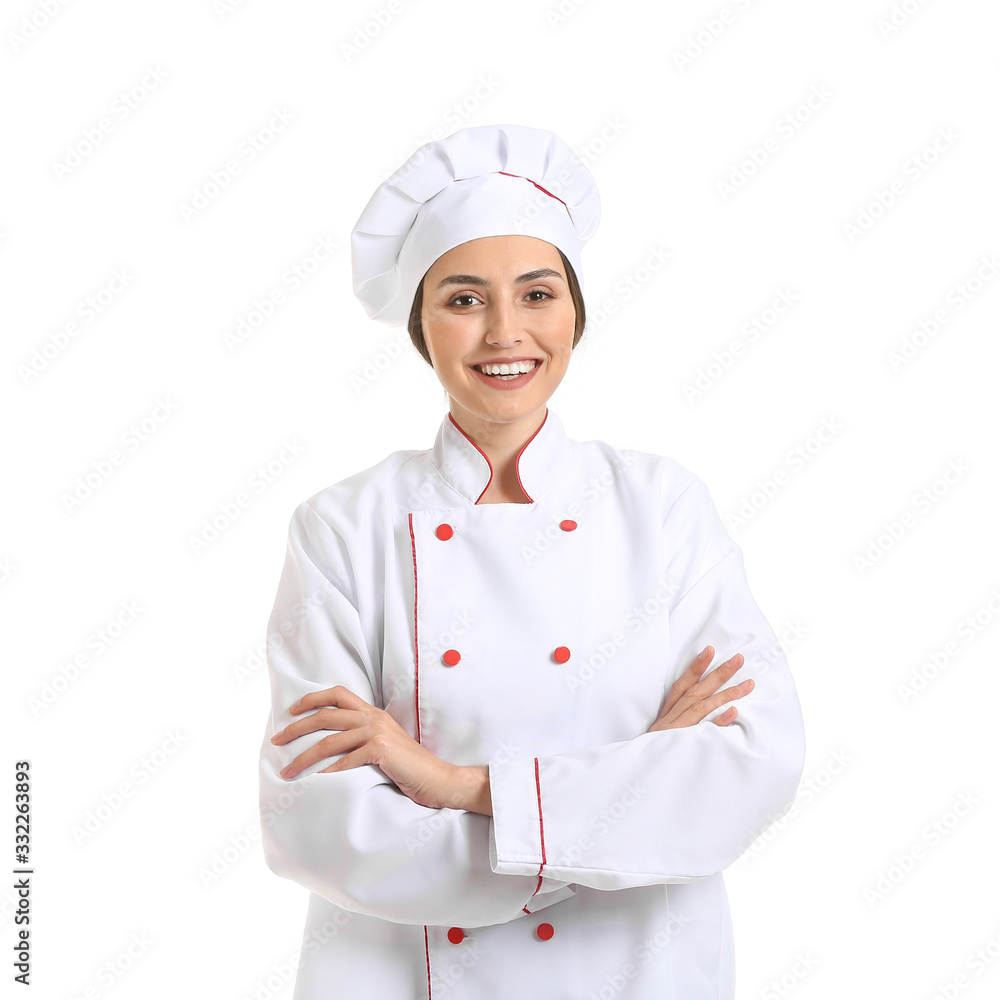 Portrait of female chef on white background Portrait of female chef on white background
