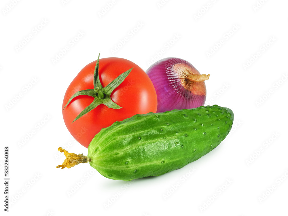 Fresh cucumber with dry flower, ripe tomato and red sweet onion, salad ingredients isolated on white background Fresh cucumber with dry flower, ripe tomato and red sweet onion, salad ingredients isolated on white background