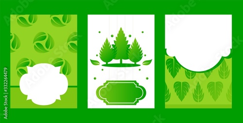Business card eco friendly company, banner leaf, fir tree, pattern sheet vector illustration. Poster with text placement for logo, icon and company name. Go green, reuse, reduce, recycle.