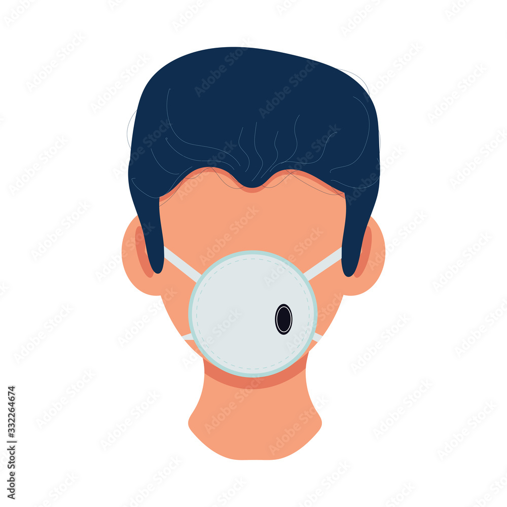 Man wearing face respirator to prevent disease. Stop the spread of viruses, help prevent transmissions. Coronavirus. Vector stock illustration in a flat style Man wearing face respirator to prevent disease. Stop the spread of viruses, help prevent transmissions. Coronavirus. Vector stock illustration in a flat style