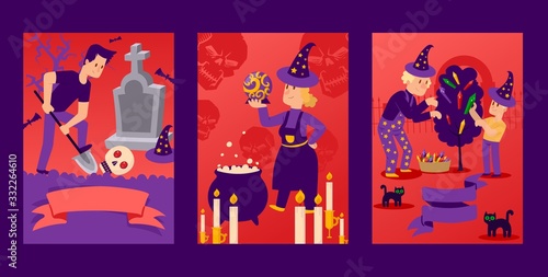 Banner for celebrating halloween, character man and woman. A male digs hole, female witch brews potion, family decorates tree with cat, hat, flat vector illustration. Place for text, brand name. © Vectorvstocker