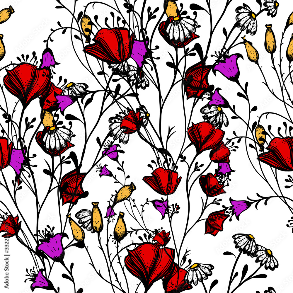A seamless background of wildflowers. Vector illustration