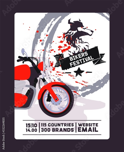 Flyer with contact, biker festival and motorshow flat vector illustration. Design for web poster, banner, test and gift card. Red bike, wolf logo, template, brush background.