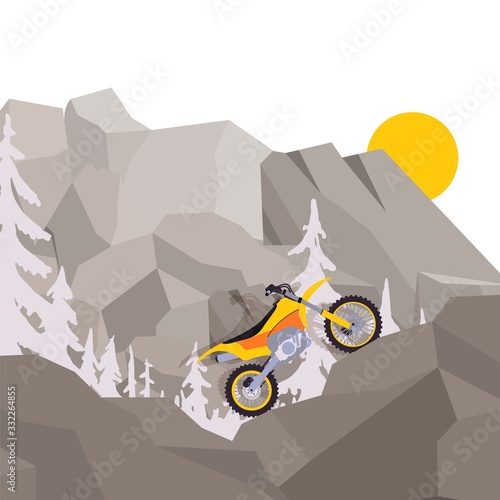 Motorcycle journey through mountain, climbing and descending from mount flat vector illustration. Dangerous sport, motorbike sport on hill. Design poster, banner, greeting card for website.