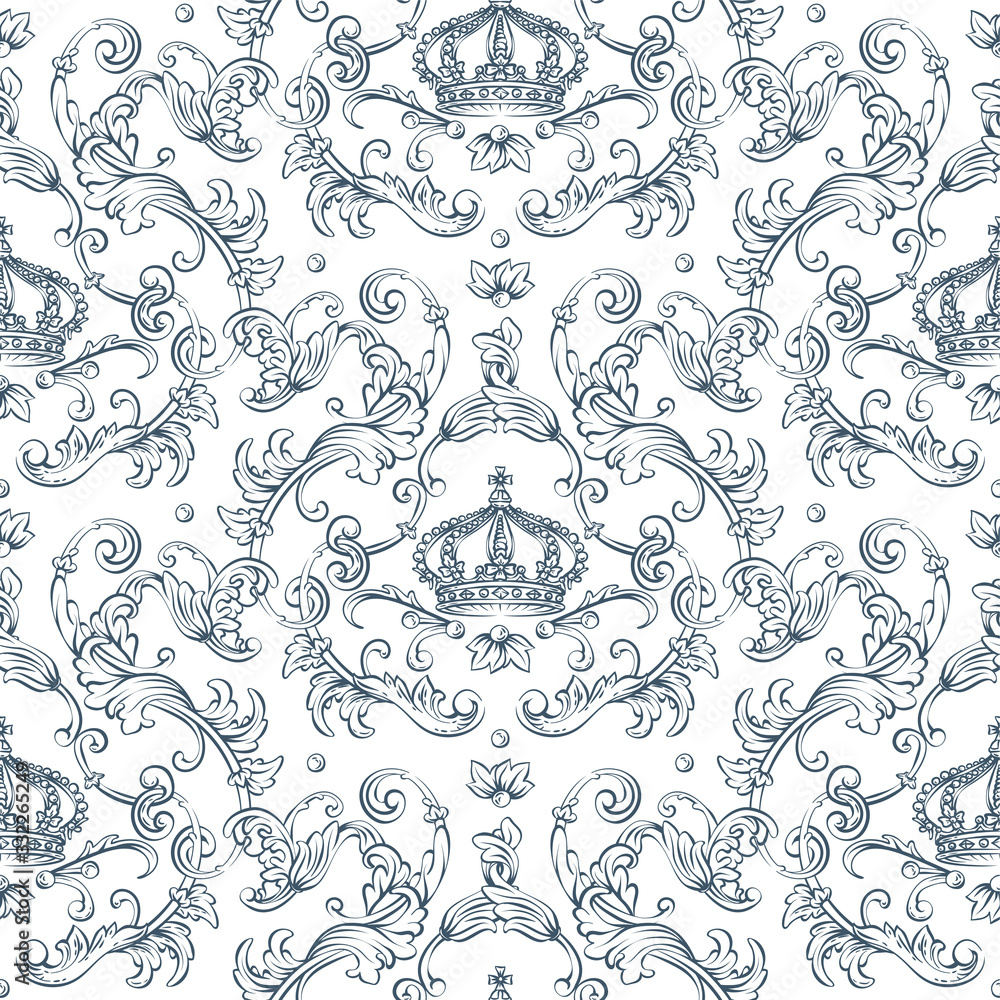 Seamless pattern with baroque damask design, rocco style crown and swirls elements