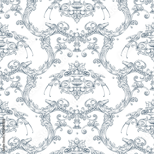 Seamless pattern with baroque luxury decorative elements, rocco style birds, fruits and fashion swirls