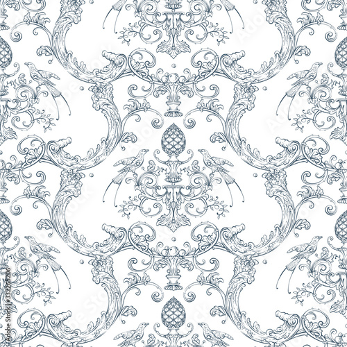 Seamless pattern with baroque luxury decorative elements, rocco style birds, cone and fashion swirls