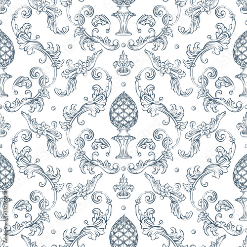 Seamless pattern with baroque damask design, rocco style birds and swirls elements