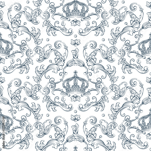 Seamless pattern with baroque damask design, rocco style crown and swirls elements