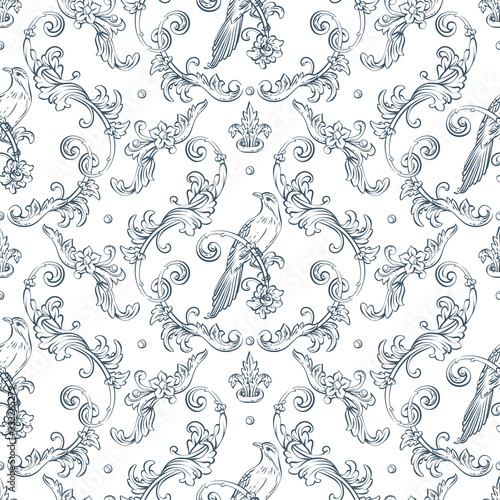 Seamless pattern with baroque damask design, rocco style bird and swirls elements