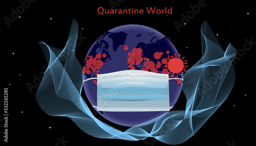 Coronavirus pandemic (2019-nCov). Vector illustration of the spread of the virus on a world map. Global catastrophe. Earth Disinfection. World quarantine with respirator, protection class FFP3.