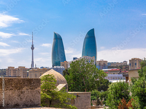 View of the flame towers and TV tower in Baku