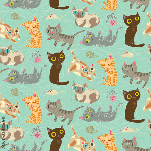 Seamless pattern with funny crazy cats. Cute kitty illustration
