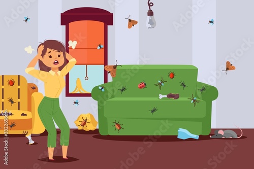 Insect in apartment, pest control, character of woman in panic, bug attack flat vector illustration. Infected sofa, armchair, room, wall. Design pest control for poster, web banner and card.