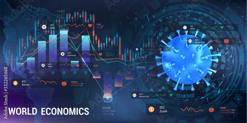 Cryptocurrency and coronavirus, pandemic impact on the cryptocurrency market. 3D virus bacterium with graphs and charts and indicators of the fall in the value of Bitcoin and other cryptocurrencies