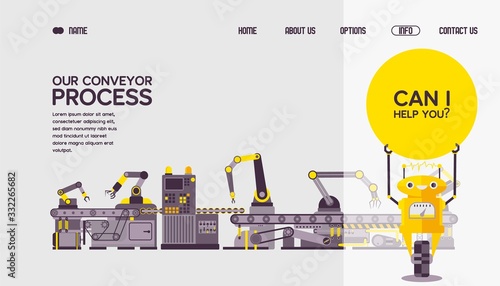 Our conveyor technological process web banner for robot technology vector illustration. Contact us, about us, home, options button. Web site design template, robot character.