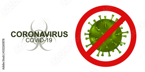 Concept stop virus Covid-19 (Coronavirus). Red text with elements of the green bacteria of the Wuhan virus. Text for your design with 3D bacteria. Vector illustration