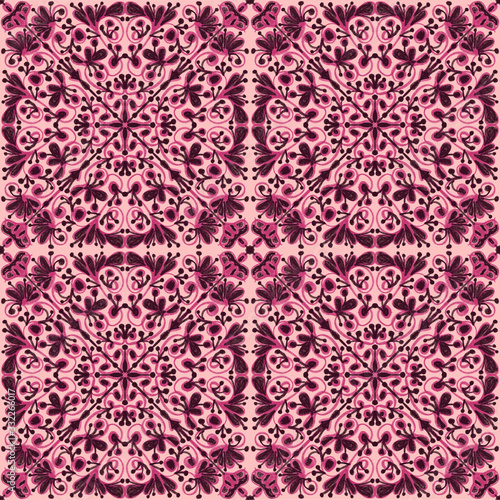 rhombuses with abstract hand-drawn flowers of dark color on a light pink background, seamless pattern, illustrations, photo