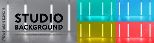 Studio background set (Red, blue, green, yellow and gray room background with lamps) for photography and presentation your item. Modern space with stylish bulbs and blur effect. Vector illustration