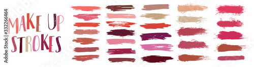 Swatches makeup strokes. Lipstick strokes for color presentation. Set  beauty cosmetic nude brush stains smear make up lines collection. Lipstick swatches texture isolated on white background. 