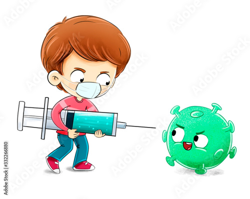 Chico con una vacuna luchando contra un virus photo