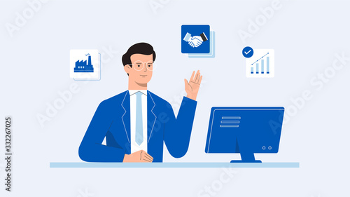 Office worker busy business man or freelancer or manager working on laptop sitting at table workplace thinking of task and waving hello.
