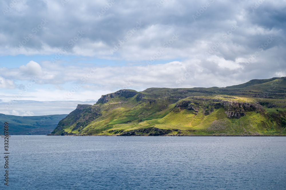 Scenic seascape view from Portree viewpoint, Island of Skye, Hebrides archipelago, Scotland.