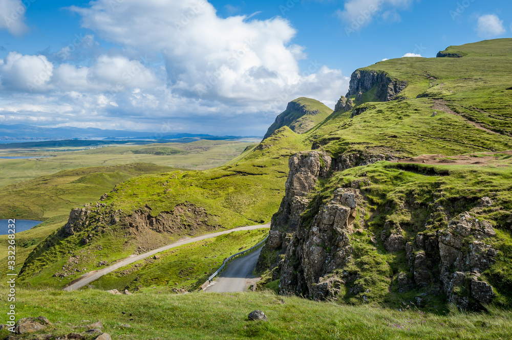 Scenic serpentine mountain road at Skye island, Hebrides archipelago, Scotland.