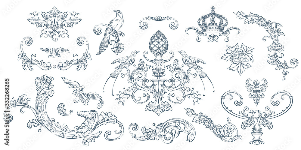 Luxury decorative vector elements set, rococo and baroque style, vintage luxury royal vignette