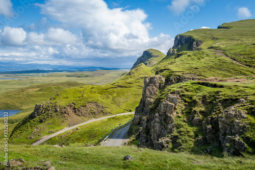 Scenic serpentine mountain road at Skye island, Hebrides archipelago, Scotland.