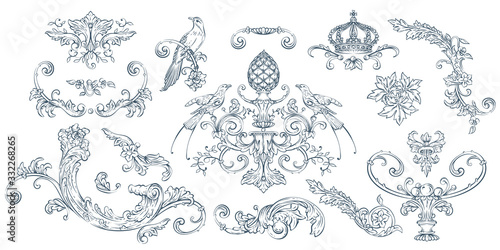 Luxury decorative vector elements set, rococo and baroque style, vintage luxury royal vignette photo