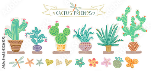 Set of cactus illustrations with cute elements. Stylish unique art. Green house plants garden. Vector illustration.