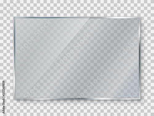 Glass plate on transparent background, clear glass showcase, realistic window mockup, acrylic and glass texture with glares and light, realistic transparent glass window in rectangle frame
