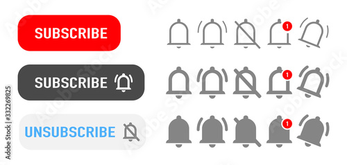 Subscribe button. Subscribe button with bells of notification isolated symbols. Vector