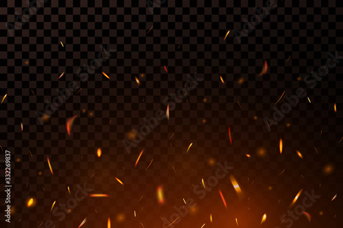 Fire sparks on dark transparent background. Flying up sparks, burning fire particles with smoke texture. Realistic flame effect – stock vector