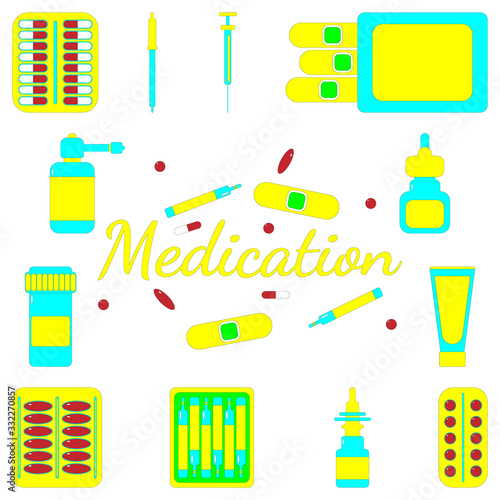 Medication, pharmaceutics concept. Medicine, pharmacy, hospital set of drugs with labels. Antibiotic therapy. Medicament vitamins. Pneumonia and coronavirus COVID-19 treatment. Vector collection.