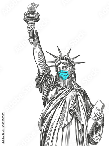 statue of liberty in a mask, coronavirus is a dangerous disease in the United States of America, a respirator, protection from the virus. hand drawn vector illustration sketch