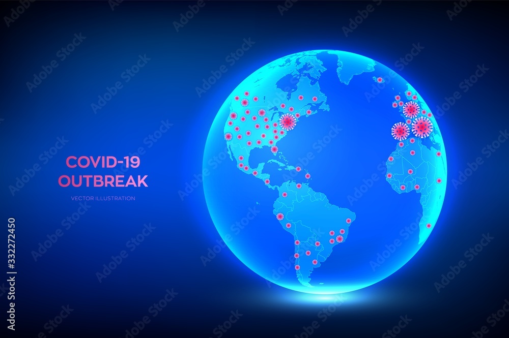 World map of Coronavirus 2019-nCov confirmed cases. Planet Earth globe with icon of coronavirus COVID-19 infected countries. COVID 19 outbreak and world pandemic risk concept. Vector illustration. World map of Coronavirus 2019-nCov confirmed cases. Planet Earth globe with icon of coronavirus COVID-19 infected countries. COVID 19 outbreak and world pandemic risk concept. Vector illustration.