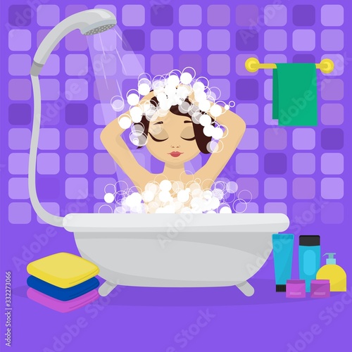 Girl washing in bathroom under shower vector illustration. Home body spa and hygiene with soap foam bubbles. Young woman relaxed sitting in bathtub. Room with toiletries bottles, towels.