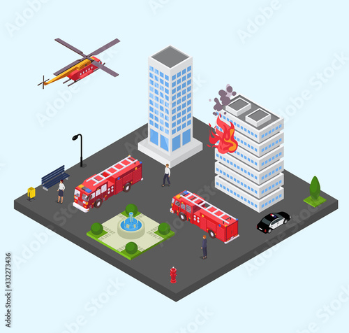 Building in fire vector illustration isometric. Emergency firefighting rescue service fire engine trucks with ladders and police car, helicopter. Apartment house burning.