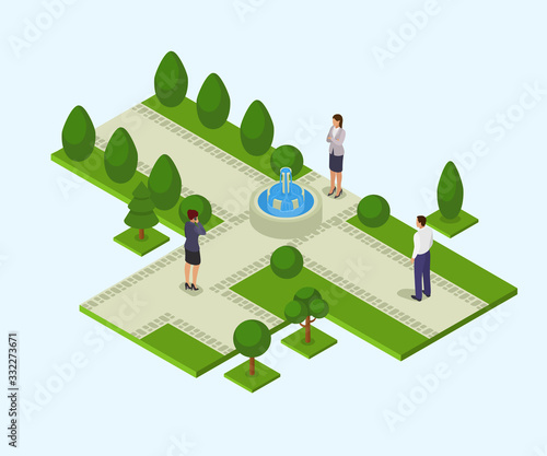 Park with fountain vector illustration isometric isolated. Different people man women in business clothes standing alone in park. Outdoor resting area with trees, paths, lawns, water.