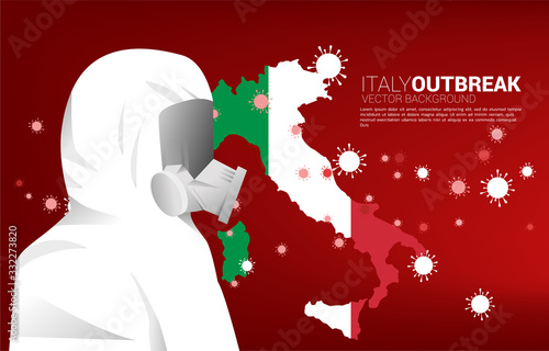 Italy map with people in hazmat and particle of Corona virus background. Concept for Italy covid19 outbreak and pandemic.