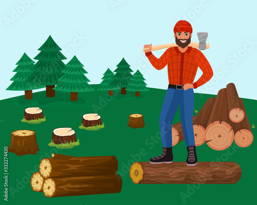 Lumberjack man with axe in forest vector illustration. Happy smiling male character woodcutter works to cutting down trees for timber and logs. Coniferous forest with spruces and stumps.