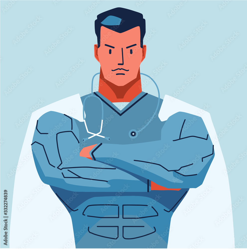 Superman physician in white coat with stethoscope 