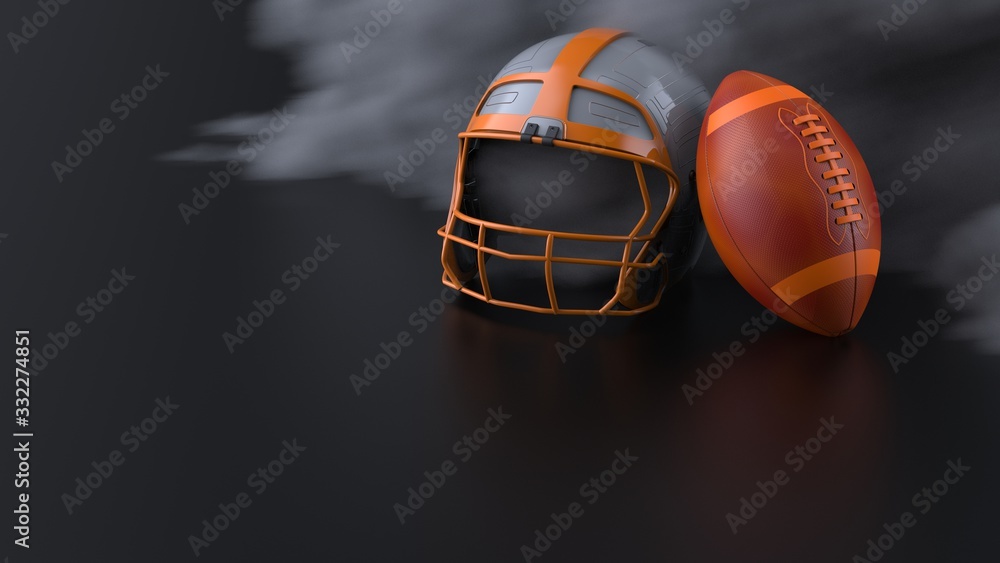 American football Gray-Orange helmet and Blown-Orange Ball with dark black toned foggy smoke under black-white laser lighting. 3D illustration. 3D high quality rendering. American football Gray-Orange helmet and Blown-Orange Ball with dark black toned foggy smoke under black-white laser lighting. 3D illustration. 3D high quality rendering.